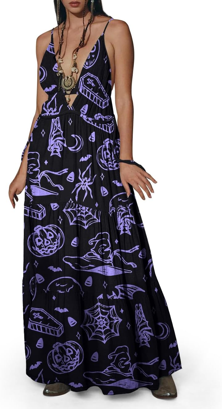Womens Summer Sun Dresses Mystical Gothic Maxi Dress Casual Floral Witch Dress Date Dress Halloween Outfits