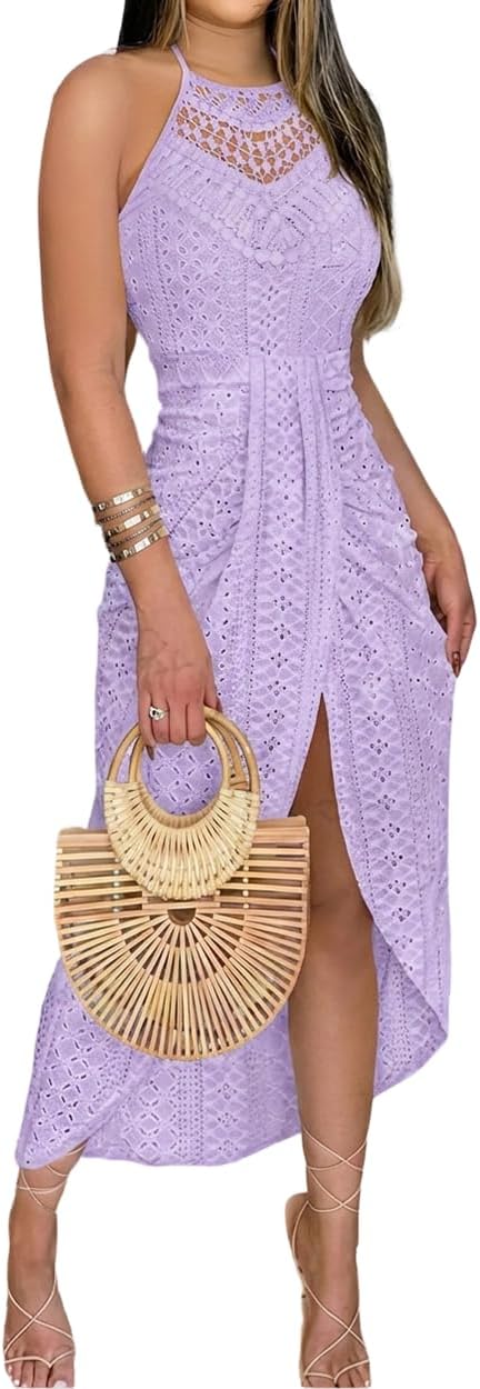 CHICME Womens Summer Halter Dress Hollow Out A Line Vacation Dress