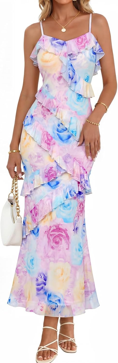 MEROKEETY Summer Floral Wedding Guest Maxi Dress Women 2026 Formal Cocktail