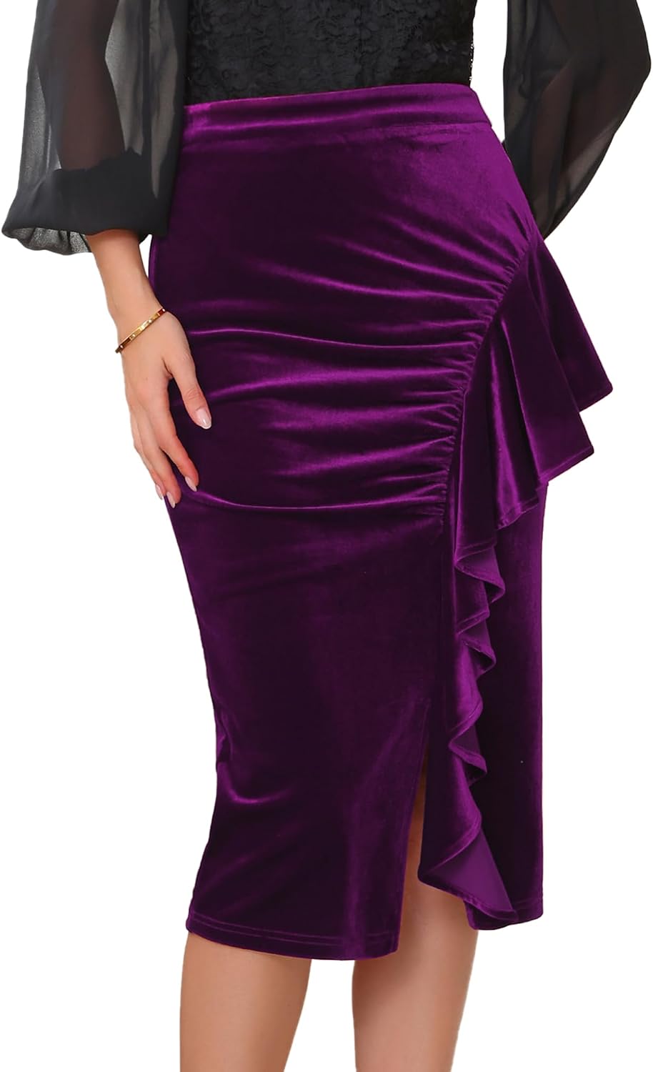 Women's Evening Bodycon Skirt Ruffled Ruched High Waist Formal Cocktail Midi Velvet Skirts