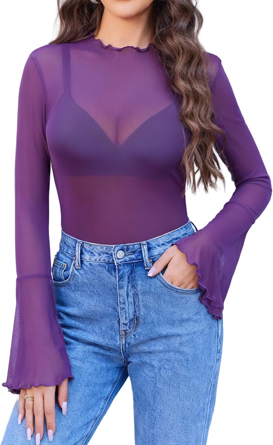 Mesh Tops for Women Long Bell Sleeve Blouses Going Out Shirt Sexy Outfits