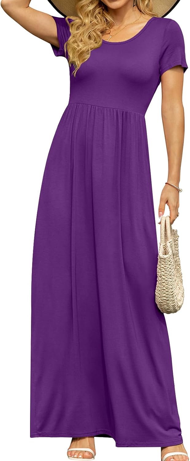DB MOON Women's Summer Maxi Dress Casual Short Sleeve Empire Waist Pockets