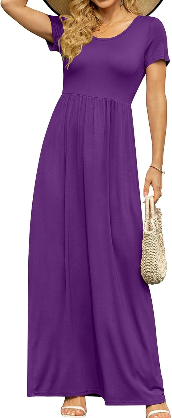 DB MOON Women's Summer Maxi Dress Casual Short Sleeve Empire Waist Pockets