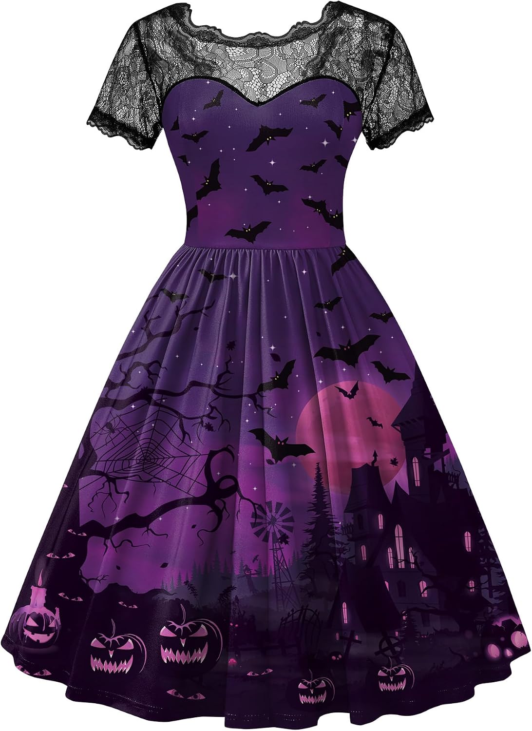 Women Halloween Party Costume Vintage Swing Lace Short Sleeve Witch Dress