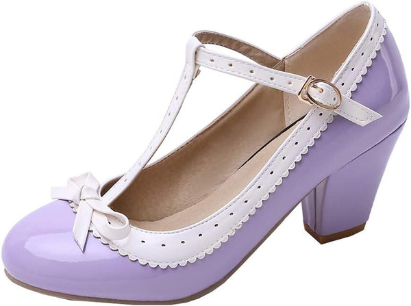 Bellirala Womens Rockabilly Shoes T-Strap Mary Jane Block High Heel Closed Toe Pumps
