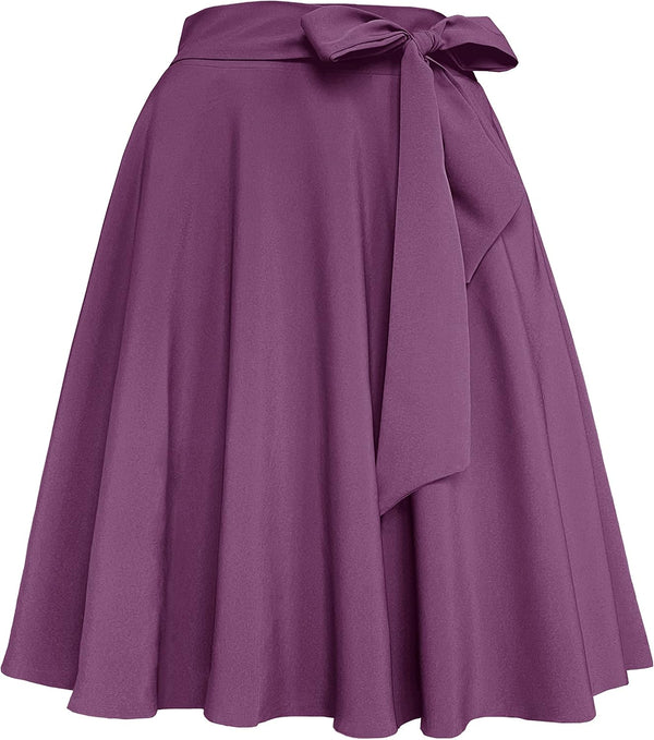 Womens Vintage High Waist A-Line Skater Skirt Flared Midi Skirt with Pockets