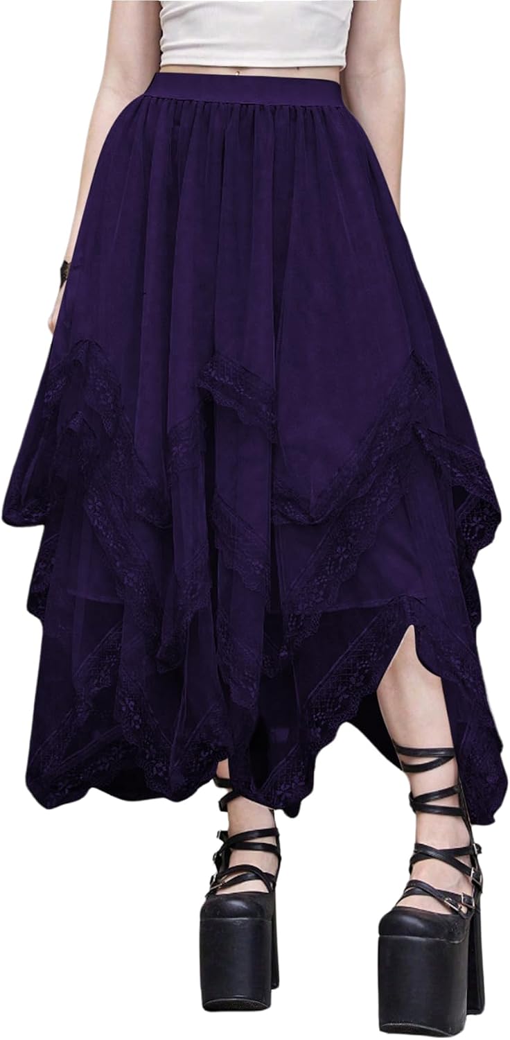 SHENHE Women's Lace Trim Layered Mesh Tulle Skirt Asymmetrical Goth Skirt