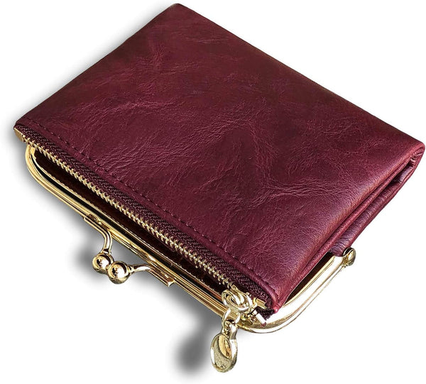 Womens Small RFID Compact Bifold Wallet — Vintage Kiss-Lock Coin Purse