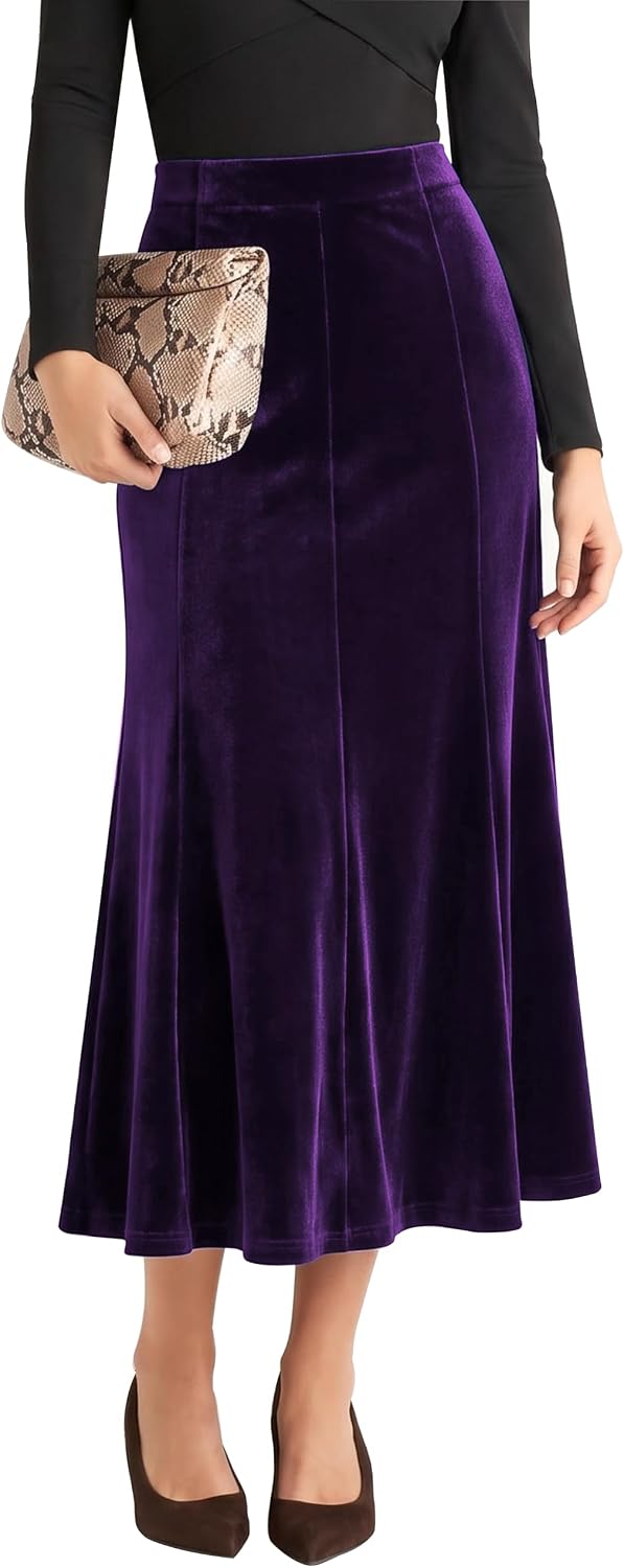 Urban CoCo Women's Velvet A-Line Midi Skirt High-Waisted Stretch