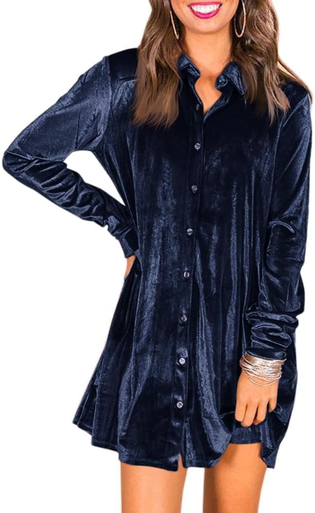 Caitefaso Womens Velvet Button Down T Shirts Swing Mini Dress Casual Long Sleeves Lapel Tunic Tops