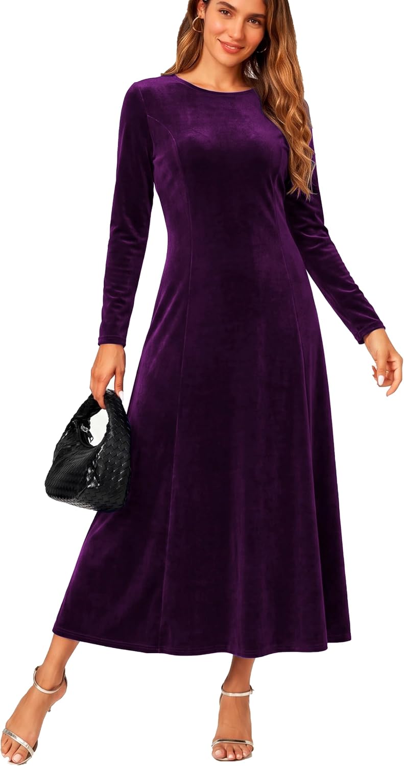Urban CoCo Women's Elegant Velvet Midi Dress Scoop Neck Long Sleeve Ruched