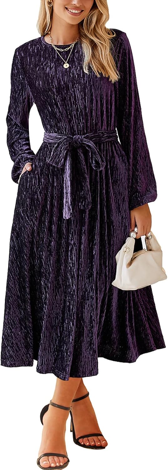 Happy Sailed Women's Velvet Dress Fashion Fall Winter Long Sleeve High Waist A-Line Semi Formal Wedding Guest Dresses