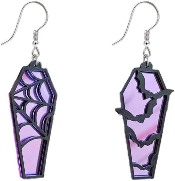 Halloween Coffin Mirror Asymmetric Hook Hoop Earrings Acrylic Bat Spider Web Horror Casket Dangle Drop Earring Punk Jewelry Gifts for Women Bff