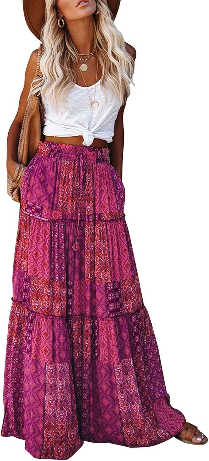 EARKOHA Womens Boho Maxi Skirt 2026 Summer Cruise Casual High Waist Tie Flowy Long Skirt with Pockets For Beach Vacation