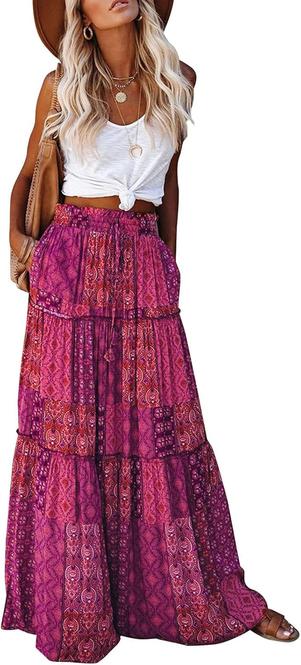 EARKOHA Womens Boho Maxi Skirt 2026 Summer Cruise Casual High Waist Tie Flowy Long Skirt with Pockets For Beach Vacation