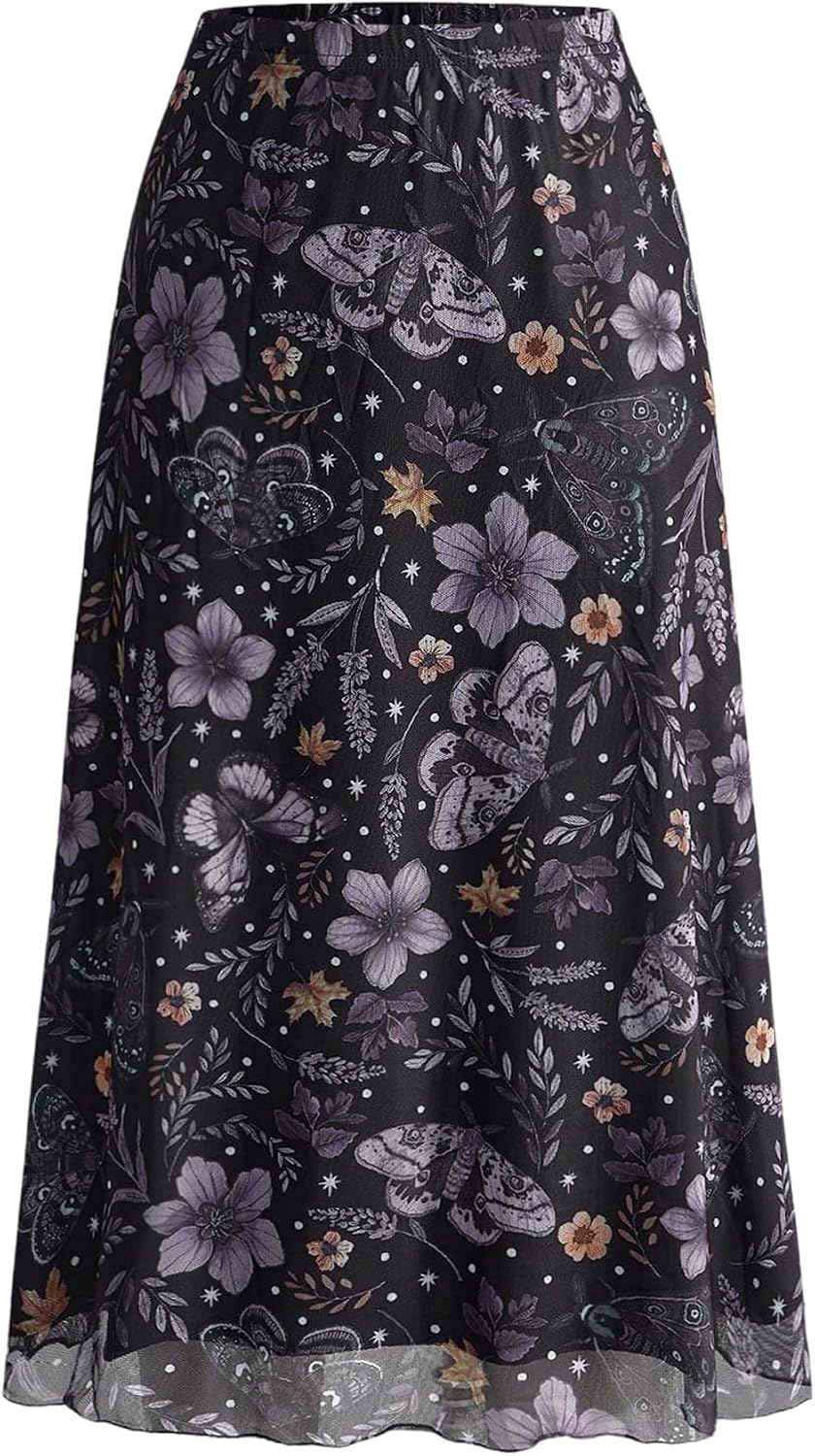 Milumia Women's Floral Mesh Midi Skirt Elastic A Line Whimsical Skirts