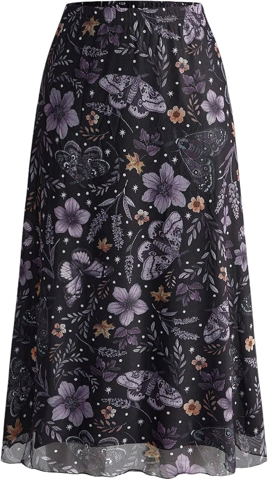 Milumia Women's Floral Mesh Midi Skirt Elastic A Line Whimsical Skirts