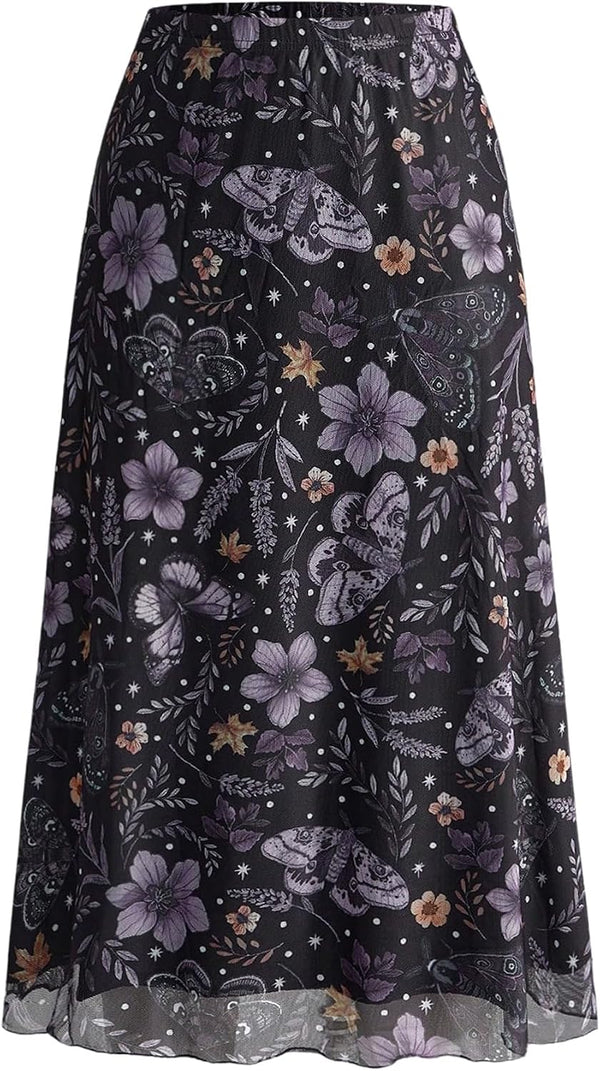 Milumia Women's Floral Mesh Midi Skirt Elastic A Line Whimsical Skirts