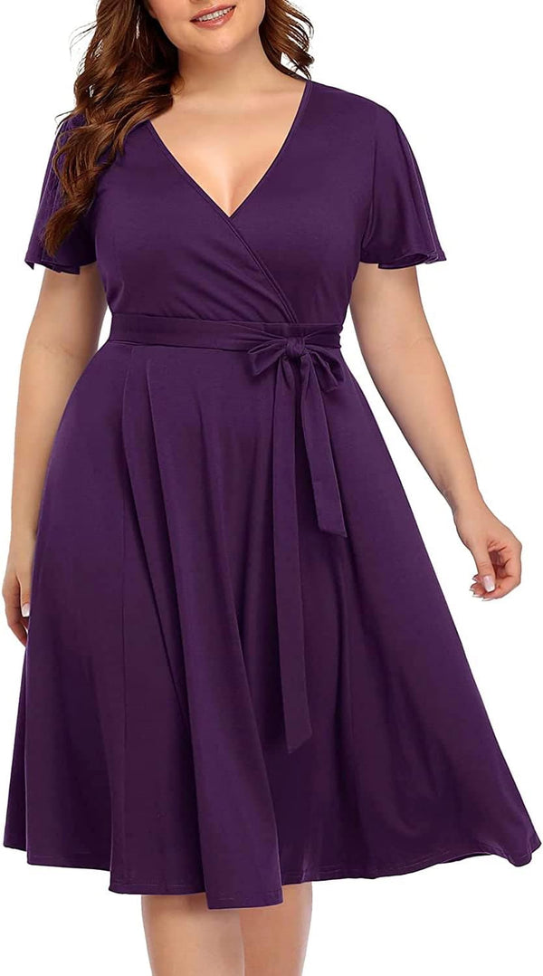 Pinup Fashion Plus Size Wedding Guest Semi Formal Cocktail Wrap Knee Dress | Knit, faux wrap v-neck, short ruffle sleeves, empire waist, removable belt, knee-length, wedding guest, semi formal, easter