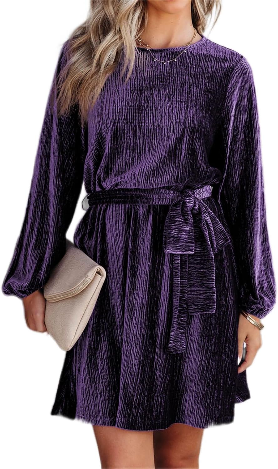 Happy Sailed Women's Velvet Dress Lantern Sleeve High Waist A-Line Skater Cocktail Party Dresses with Belt Business wear