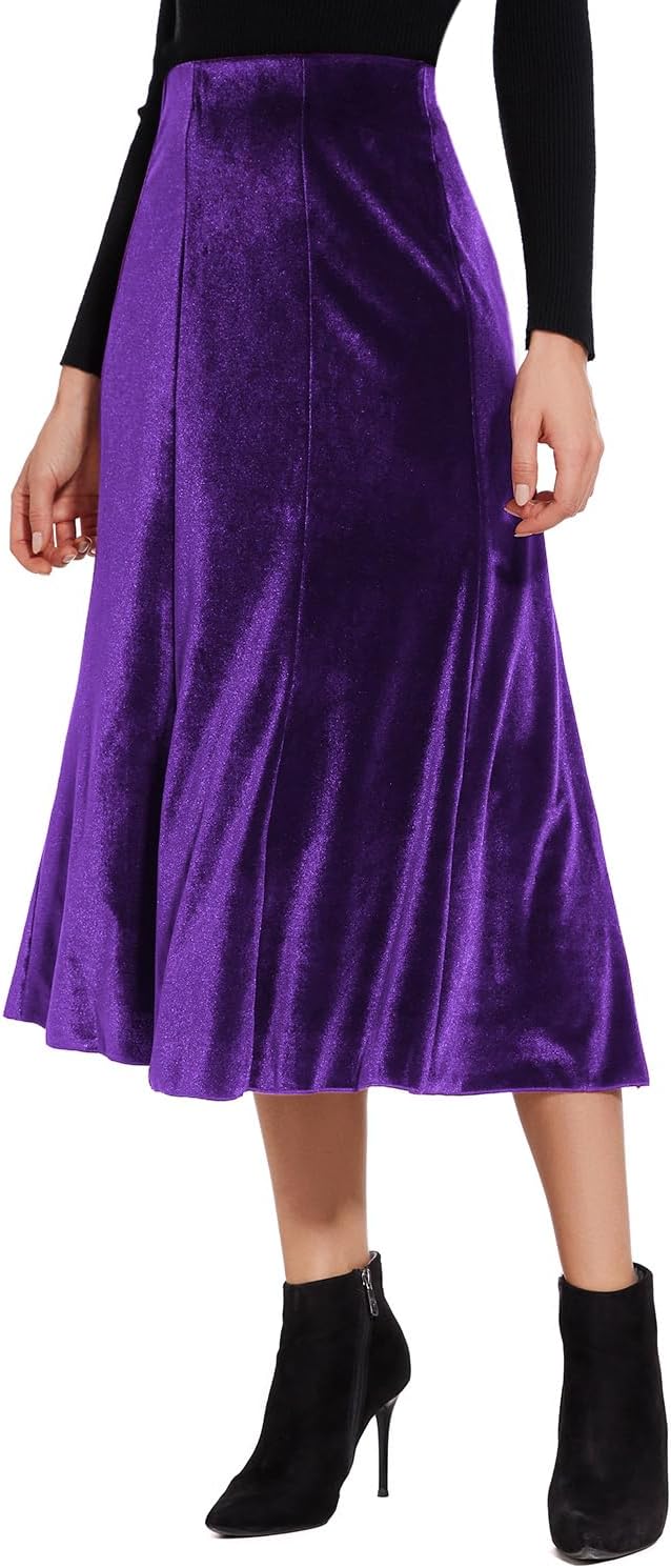 Women’s Elegant Vintage Velvet Midi Skirt Flowy 8-Panel Design