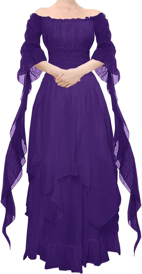YEAXLUD Women's Victorian Dress Puff Sleeve Off Shoulder Ruffle Medieval Costume for Women Renaissance Dress