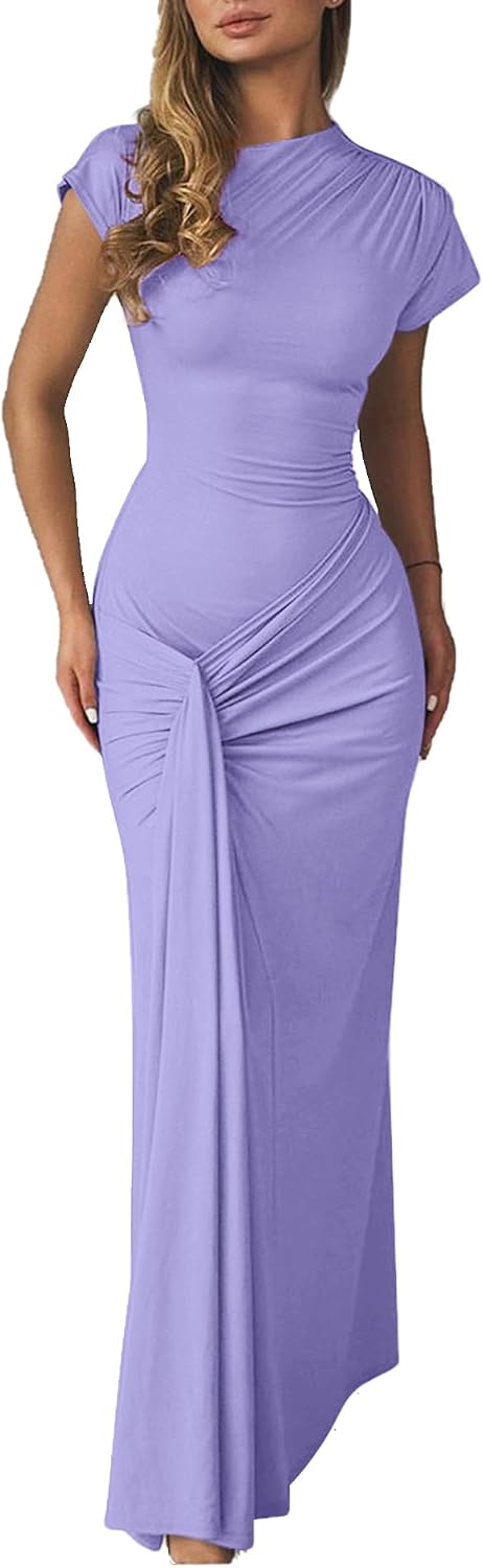 Mojessy Women Bodycon Maxi Dress Sexy Mock Neck Lace Up Bandage Ruched Short Sleeve Long Dress Cocktail Dress