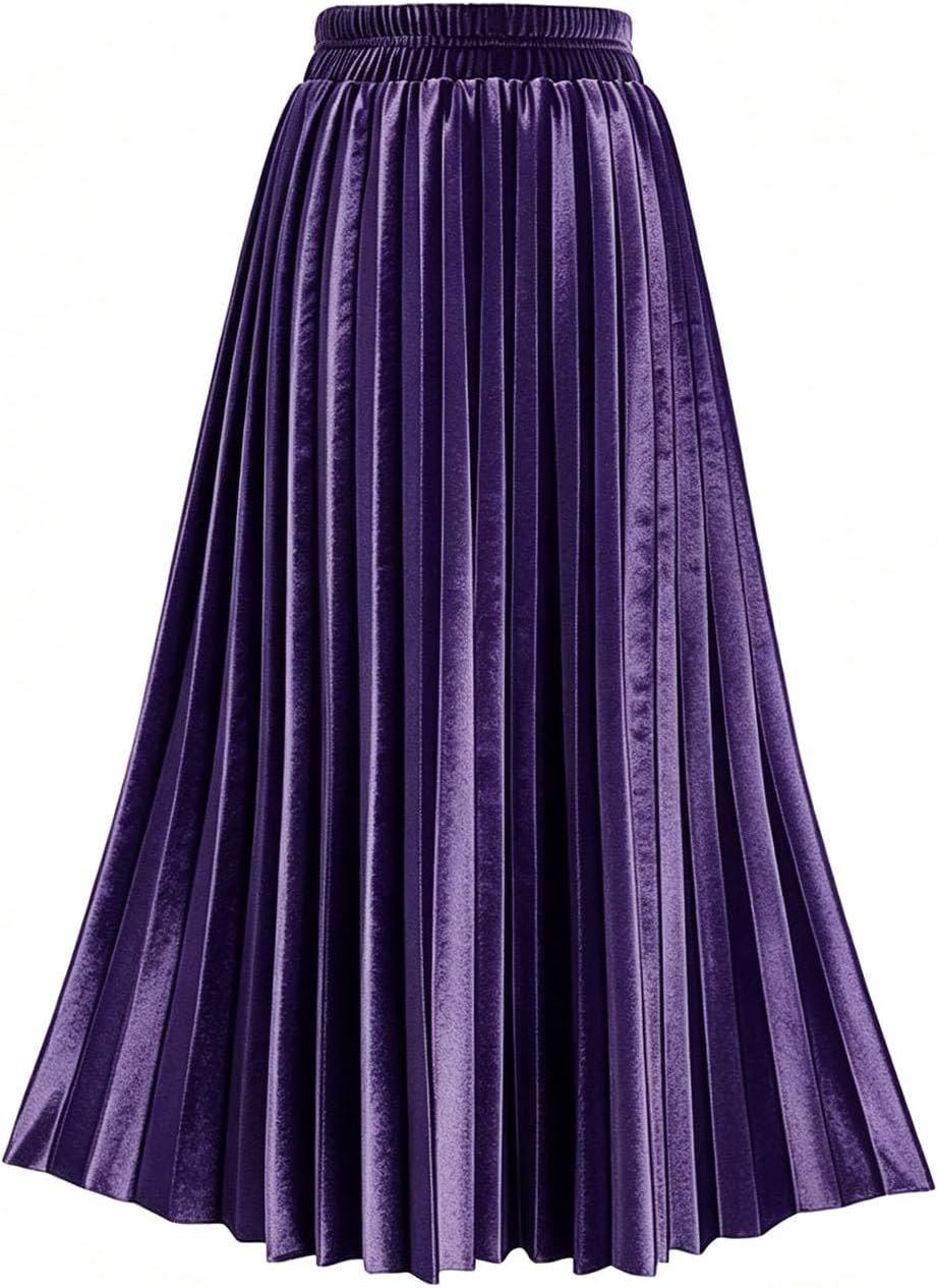 TONCHENGSD Women's Fall Winter Velvet Midi Skirt High Elastic Waist Pleated Skirt