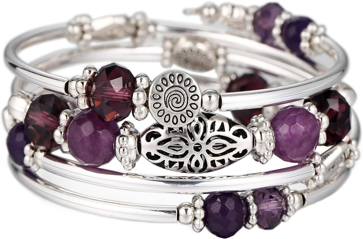 Stackable Beaded Bracelets for Women Boho Wrap Silver Bracelet Layered Fashion Jewelry Gifts for Her