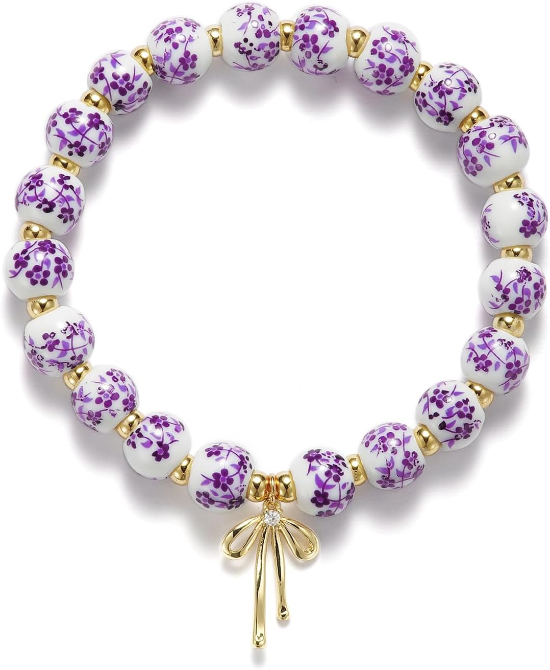 Beaded Bracelets for Women,Bow Charm Blue Flower Gold Plated Jewelry Women