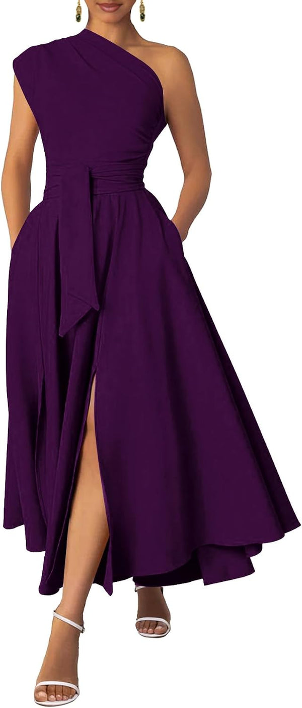 Ekaliy Women's One Shoulder Belted Maxi Dress Formal Wedding Guest Dress