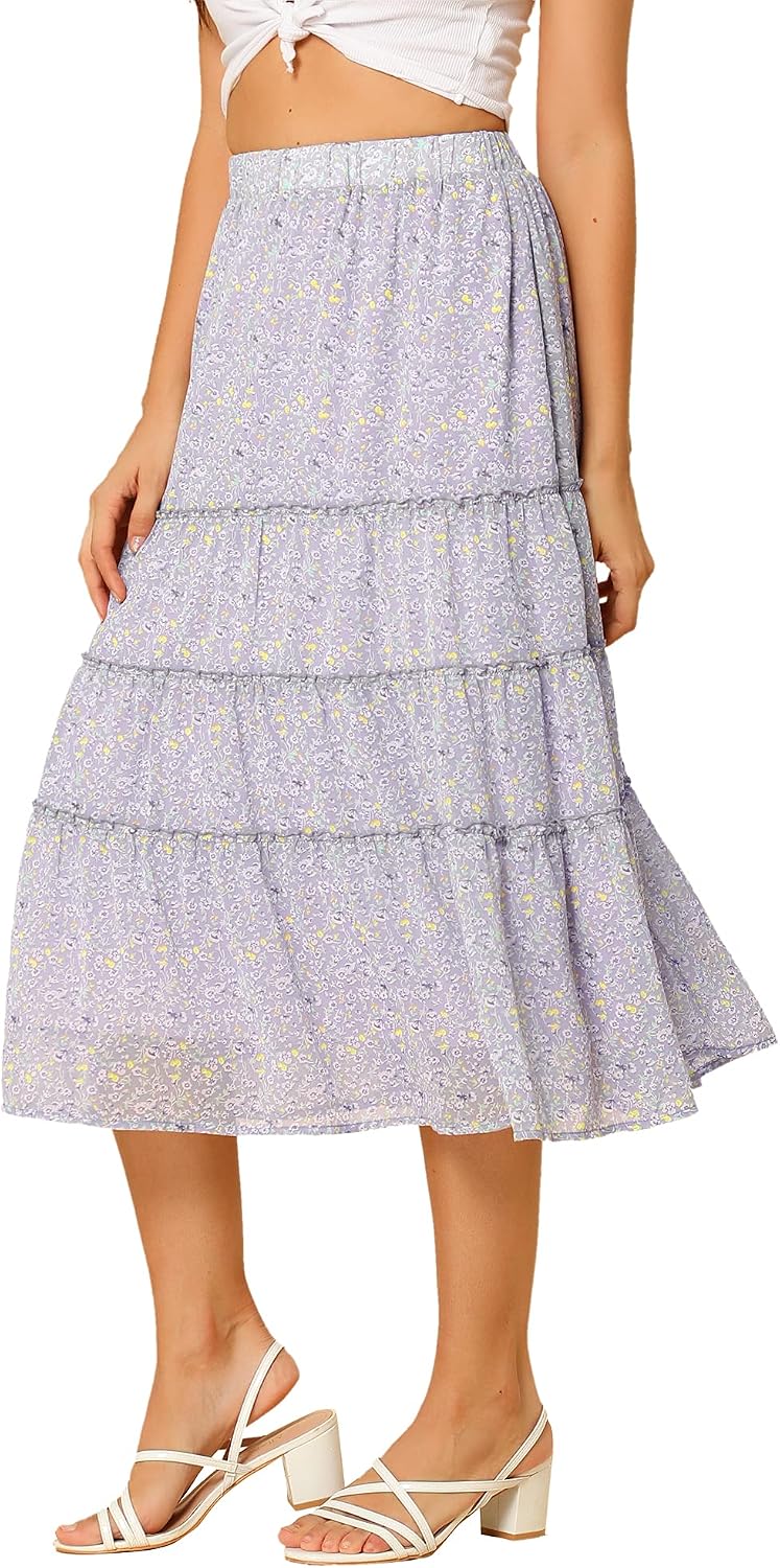Allegra K Women's Floral Skirt Chiffon A-line Long Tiered Ruffle Maxi Skirt