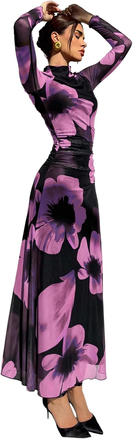 Verdusa Women's Floral Wedding Guest Dress Long Sleeve Mesh Maxi Dresses