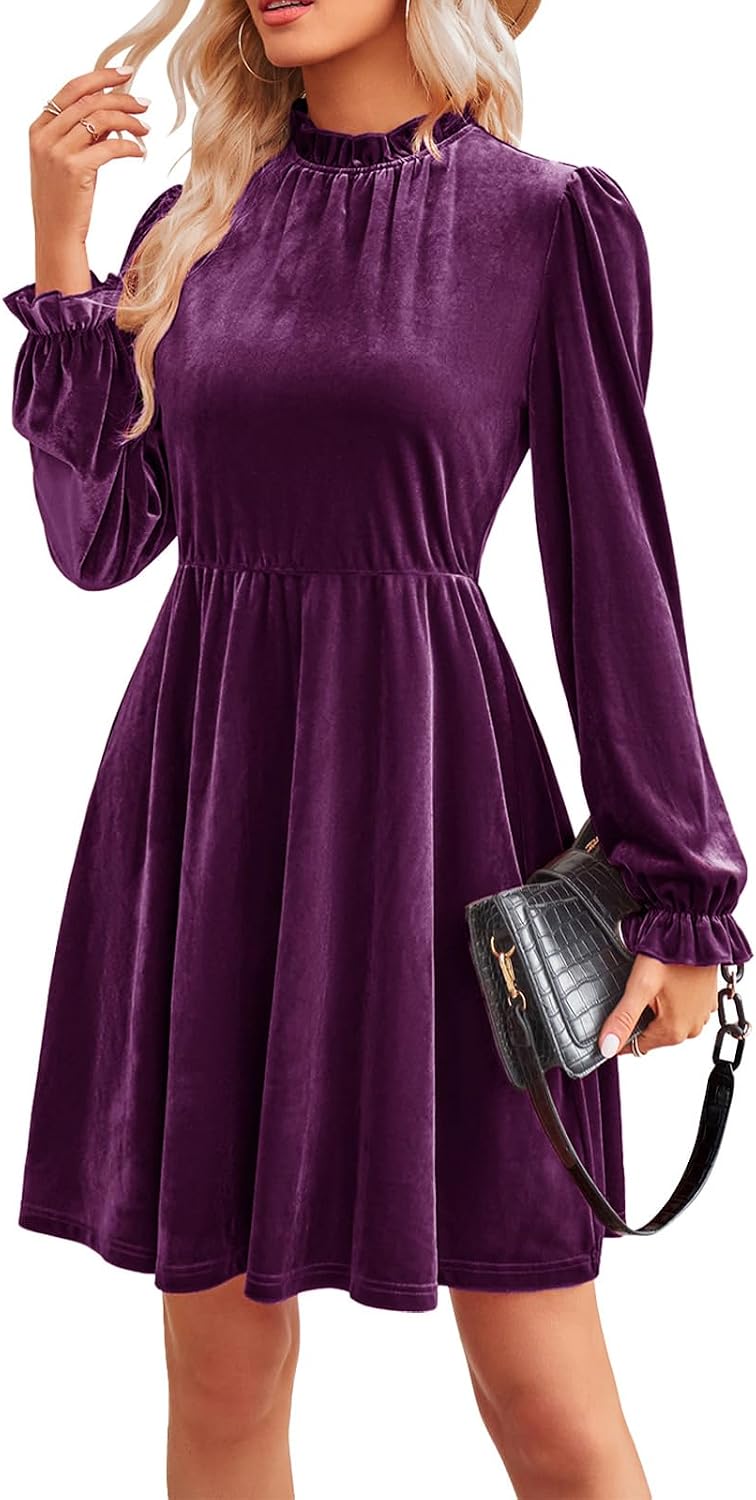 Jayscreate Women's Long Sleeve Winter Fall Wedding Guest Velvet Short Dress