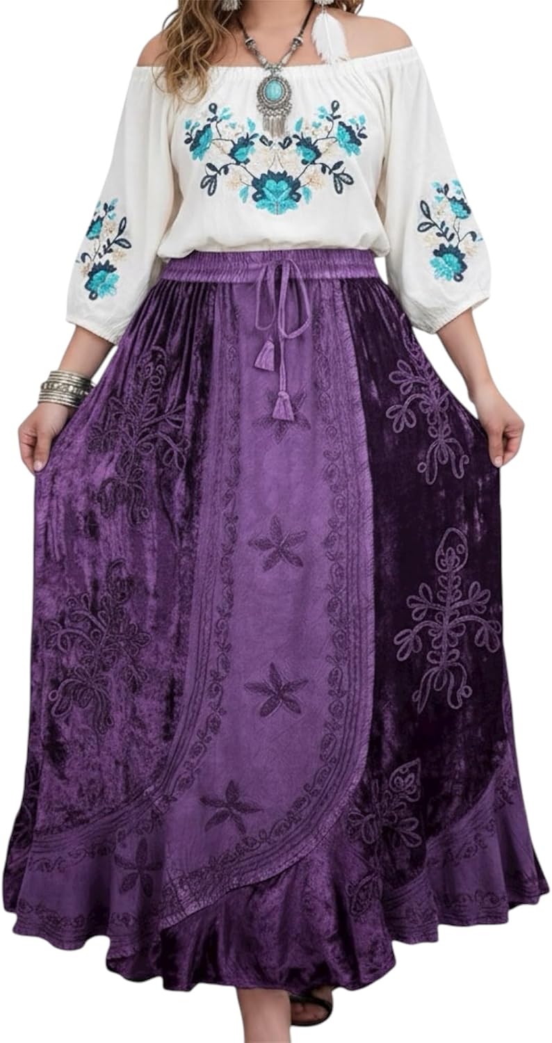 Agan Summer Long Skirts for Women, Boho Embroidered Rayon Velvet Maxi Skirt