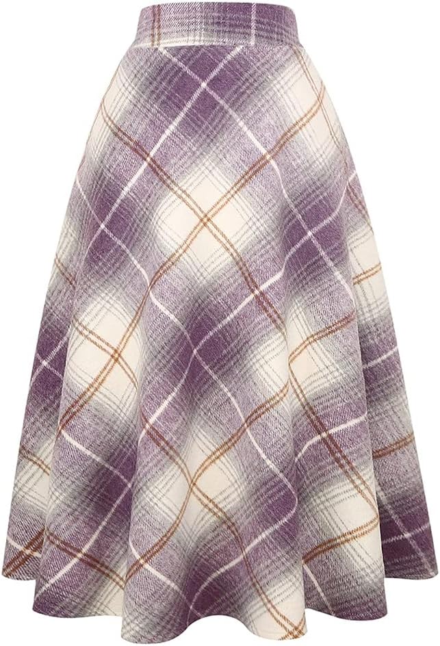 Long Plaid Wool Skirt for Womens Winter Fall Warm High Elastic Waist A line Flared Pleated Wool Tartan Skirts