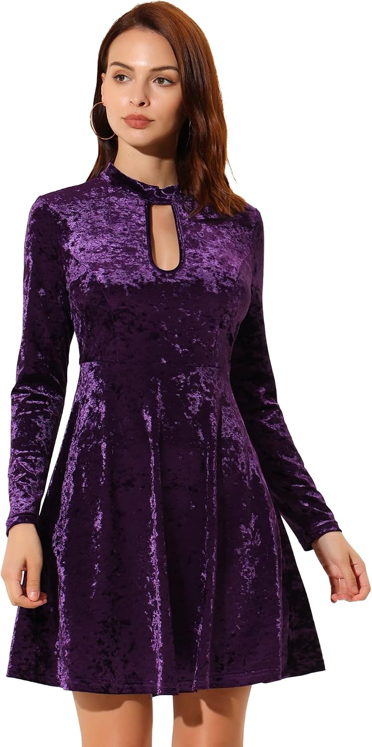 Allegra K Women Velvet High Waist Keyhole Neck Swing Mini Dress