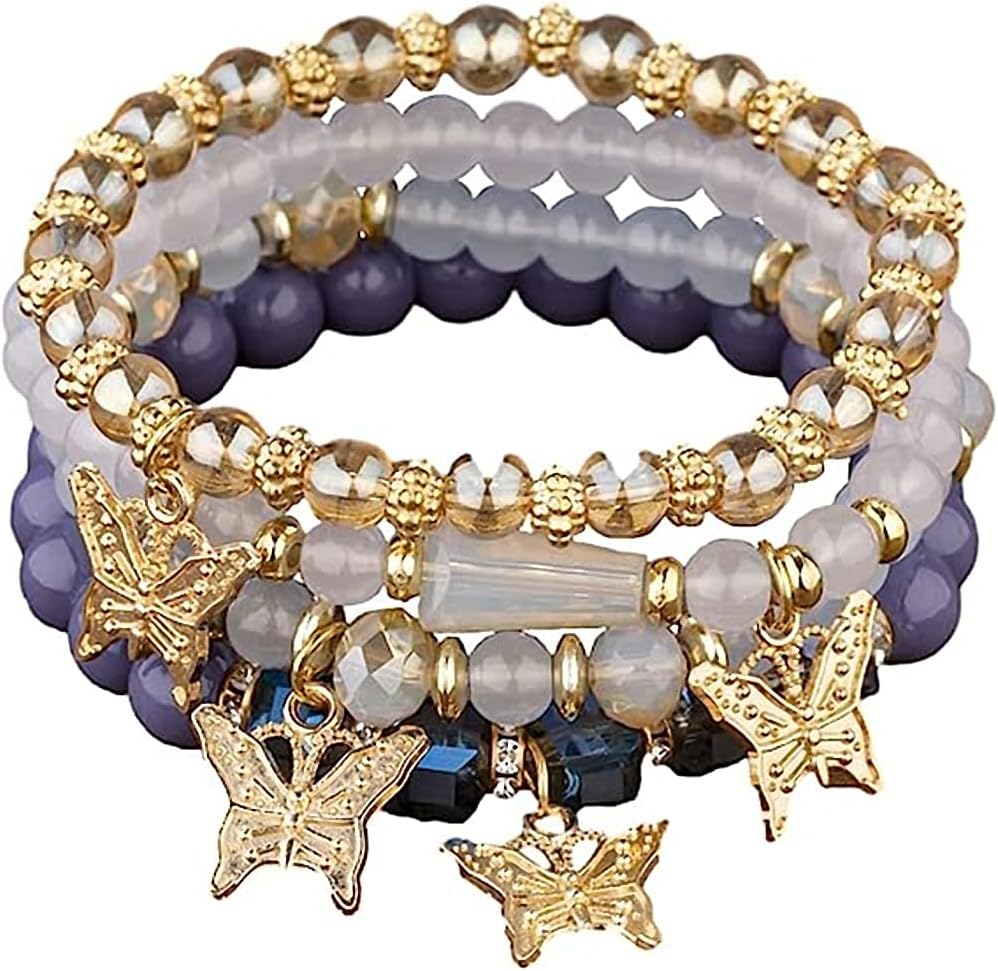 4 Pcs Cute Butterfly Charm Bracelets Set Gold Beaded Stackable Stretch Bracelets Bohemian Summer Jewelry Gifts for Women