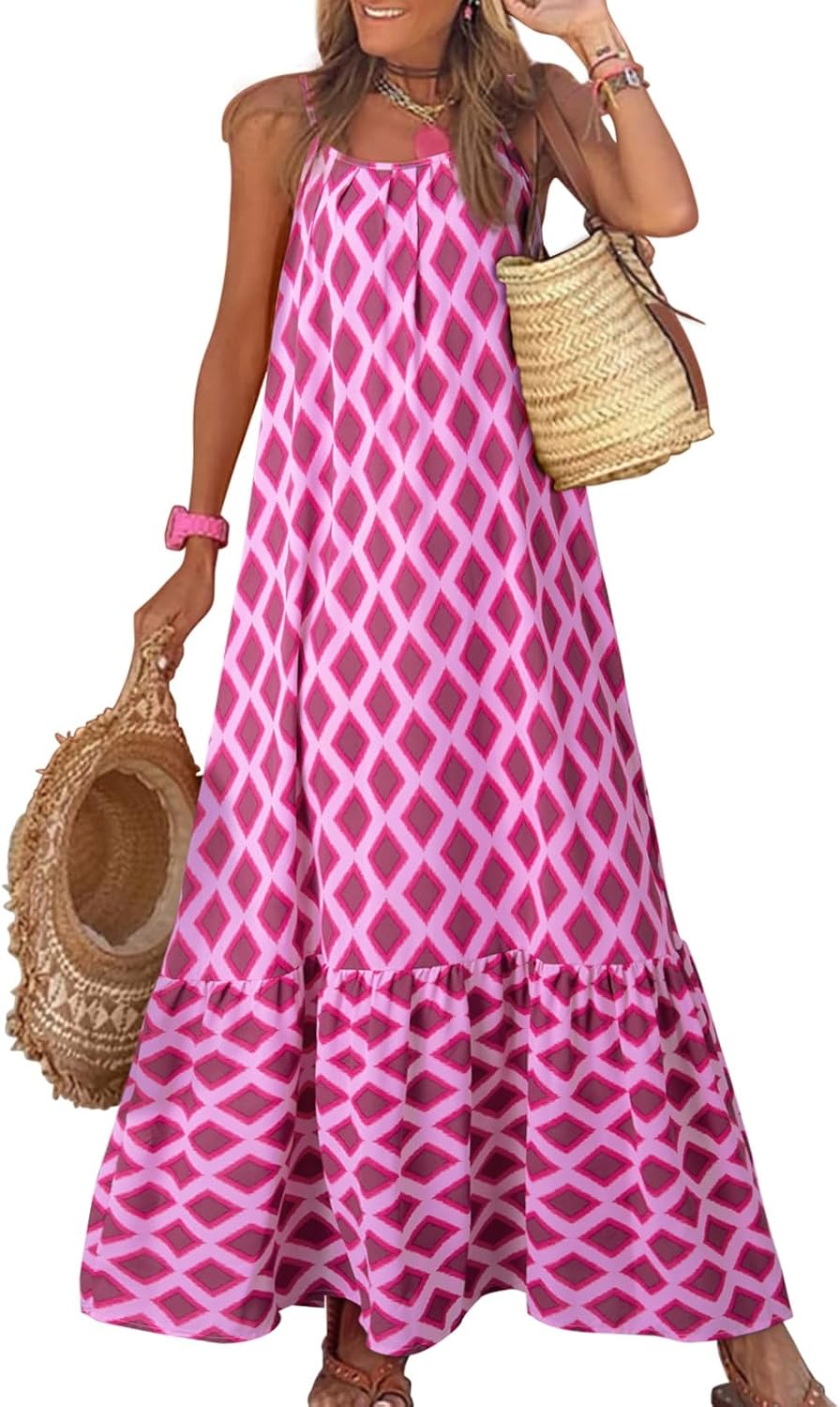 Dokotoo Women Summer Dresses Scoop Neck Ruffle Flowy Boho Maxi Dress