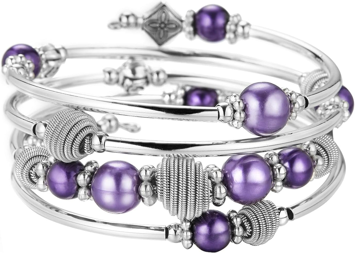 PEARL&CLUB Beaded Chakra Bangle Turquoise Bracelet - Fashion Jewelry Wrap Bracelet with Thick Silver Metal and Mala Beads, Birthday Gifts For Women