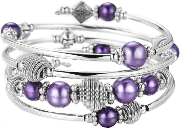 PEARL&CLUB Beaded Chakra Bangle Turquoise Bracelet - Fashion Jewelry Wrap Bracelet with Thick Silver Metal and Mala Beads, Birthday Gifts For Women
