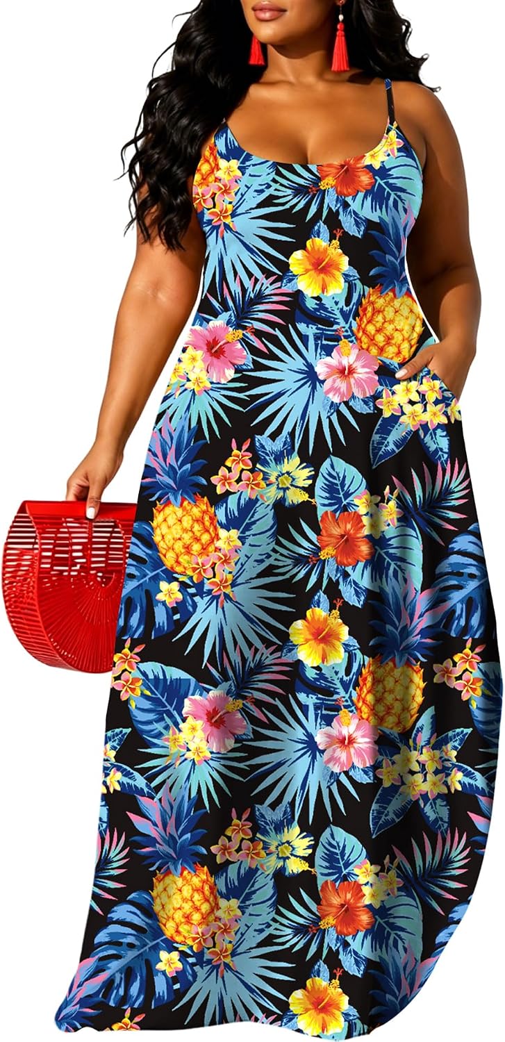 UOUA Hawaiian Dresses Women Plus Size Luau Party Sundress Summer Maxi Tropical Boho Beach Dress