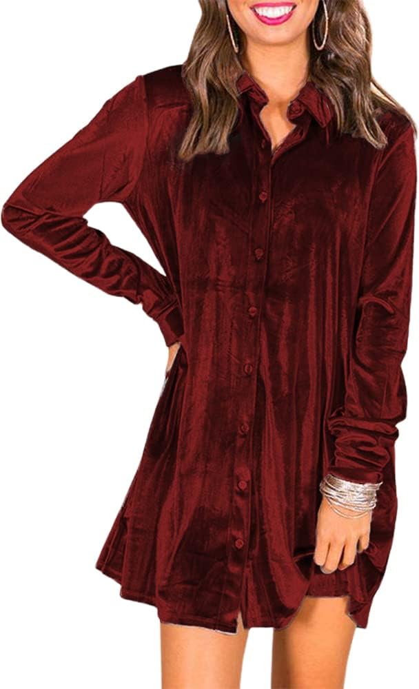 Caitefaso Womens Velvet Button Down T Shirts Swing Mini Dress Casual Long Sleeves Lapel Tunic Tops