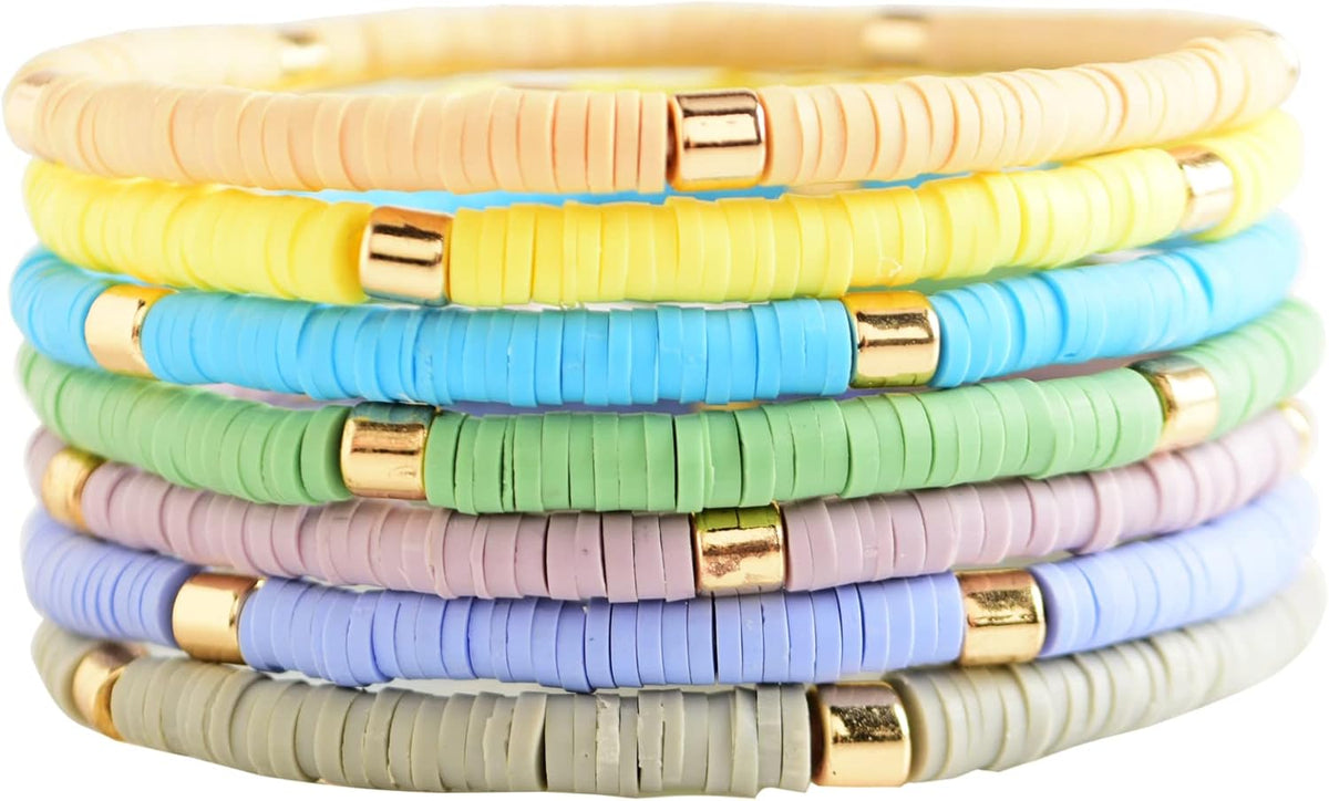 Surfer Heishi Clay Bead Bracelets for Women Bohemian Stackable Gold Plated Beaded Stretch Bracelets Elastic Layering Friendship Bracelets Set Boho Jewelry