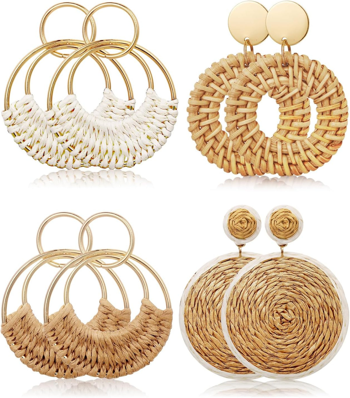 Raffia Rattan Boho Hoop Earrings (4 Pairs)