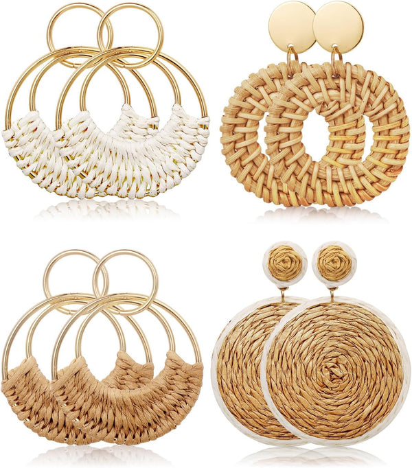 Raffia Rattan Boho Hoop Earrings (4 Pairs)