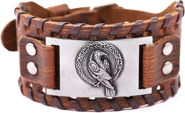 HAQUIL Viking Wiccan Egytian Black Brown Wide Leather Wristband Bracelet Ancient Medieval Jewelry Gift for Men
