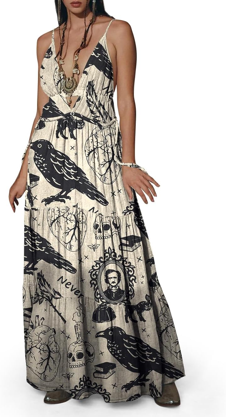 Womens Summer Sun Dresses Mystical Gothic Maxi Dress Casual Floral Witch Dress Date Dress Halloween Outfits Secondary image