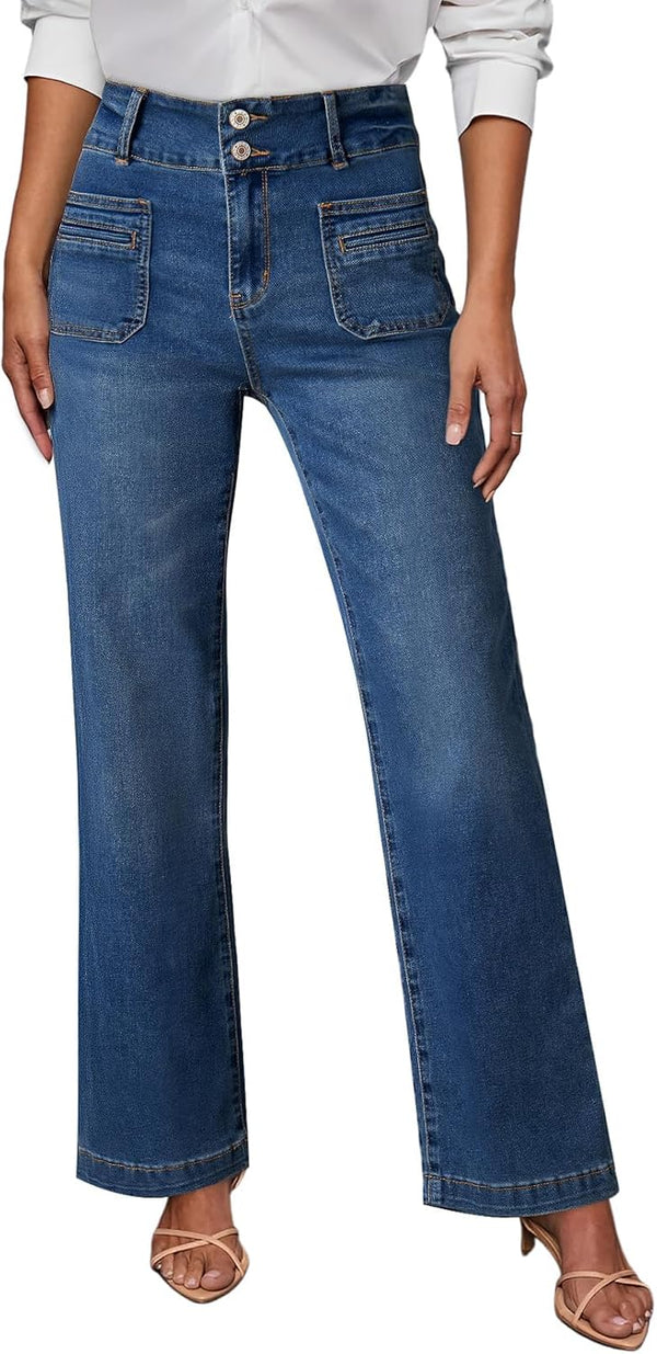 Sidefeel Women's Wide Leg Jeans High Waisted Tummy Control Stretchy