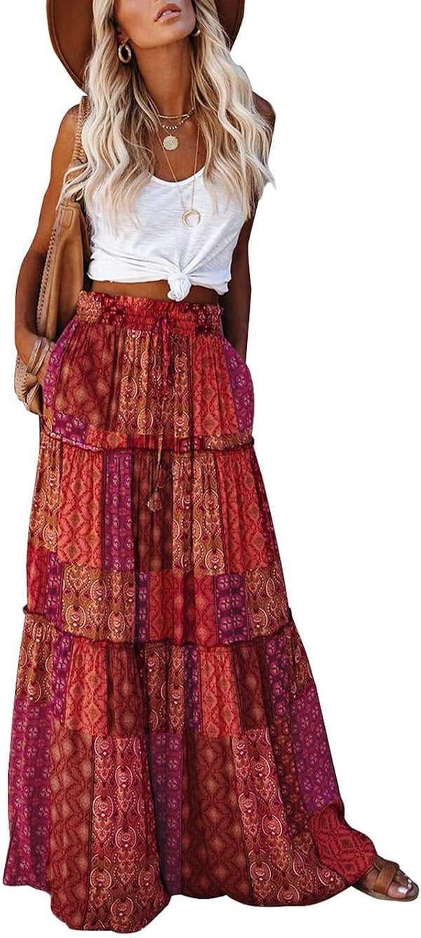 EARKOHA Womens Boho Maxi Skirt 2026 Summer Cruise Casual High Waist Tie Flowy Long Skirt with Pockets For Beach Vacation